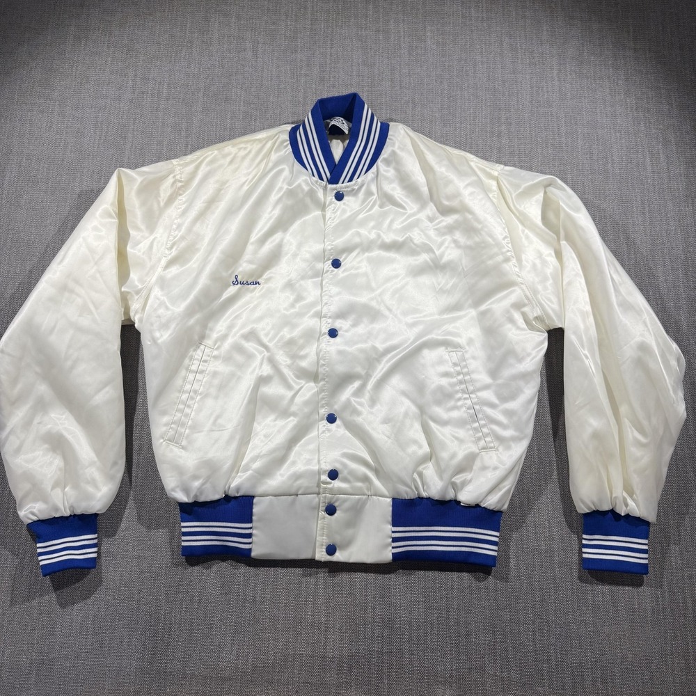 West Wind Jacket Mens Large White Satin Varsity Snap Front Lined Made USA Sports